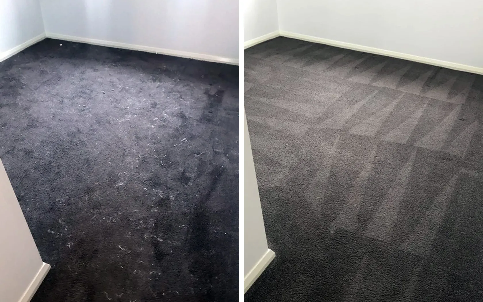 Side-by-side before and after view of carpet cleaning in a Perth rental room