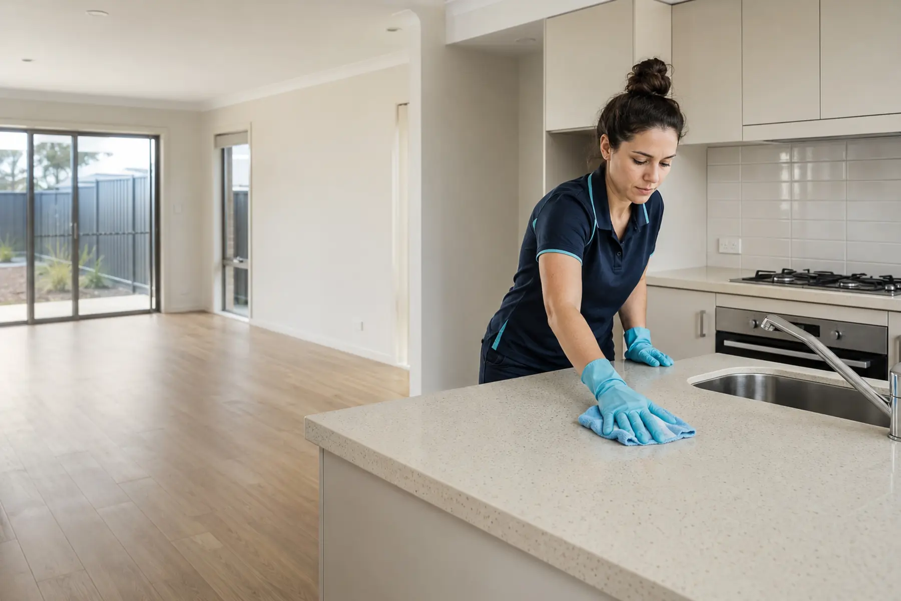 Cleaner wiping a kitchen bench in an empty Perth rental property